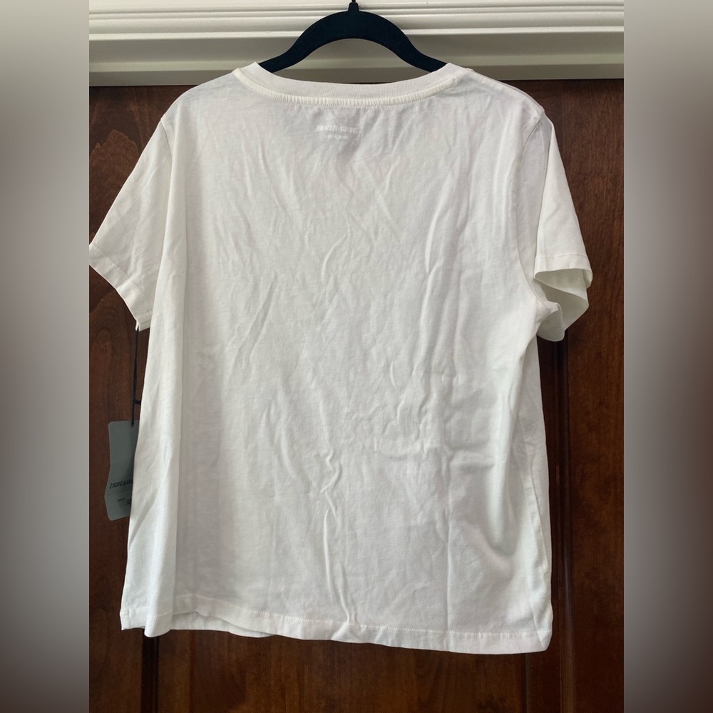 Zadig & Voltaire Women’s Ivory Big Heart with Black Rhinestones T-Shirt Sz L NWT - Picture 6 of 7